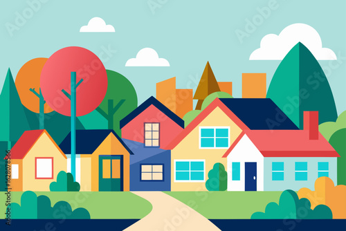 Colorful flat design illustration of a suburban neighborhood with houses and trees