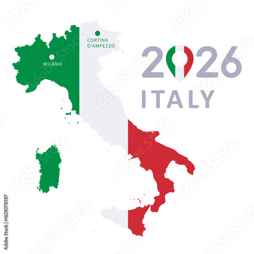 Milano Cortina 2026 concept of Italy flag colors isolated on white. Country map and cities location pin of green white red colors. Vector clipart for italian winter sport games events and news design.