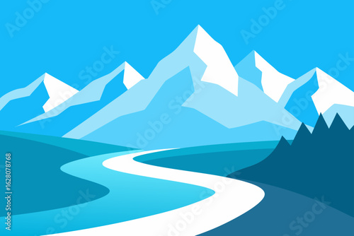 Stylized winding river flows through snowy mountains under a clear blue sky