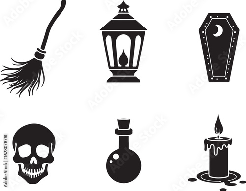 Spooky Halloween icons: broom, skull, coffin, lantern, potion, candle