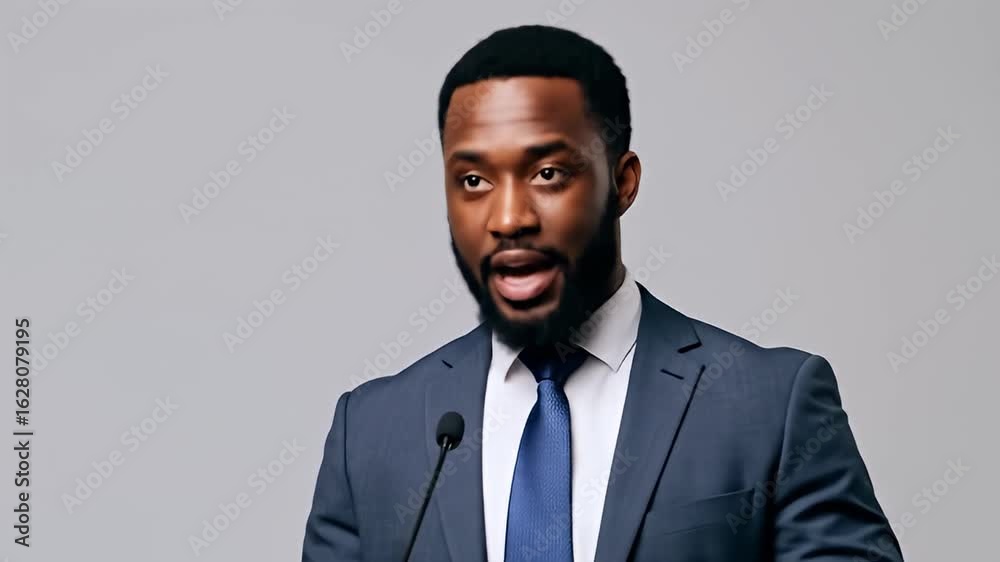 Serious man at podium.
Description An African-American man in a blue suit, speaking at a podium with a microphone Serious man at podium.
Description An African-American man in a blue suit, speaking at a podium with a microphone