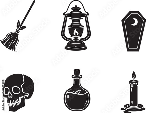 Spooky Halloween icons: broom, skull, coffin, lantern, potion, candle