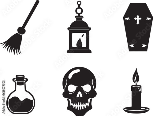 Spooky Halloween icons: skull, coffin, broom, potion, candle, lantern