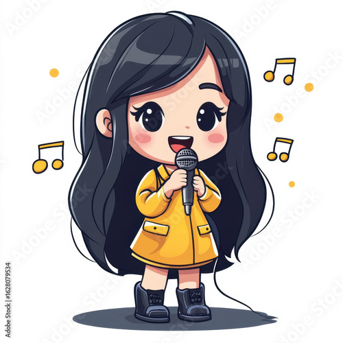 Cute Cartoon Girl Singing with Microphone