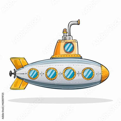 Cartoon Submarine Illustration with Detailed Design Elements and Playful Aesthetics