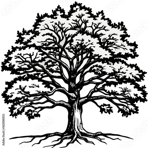 Detailed Black and White Illustration of a Large Oak Tree with Exposed Roots Keywords: tree, oak