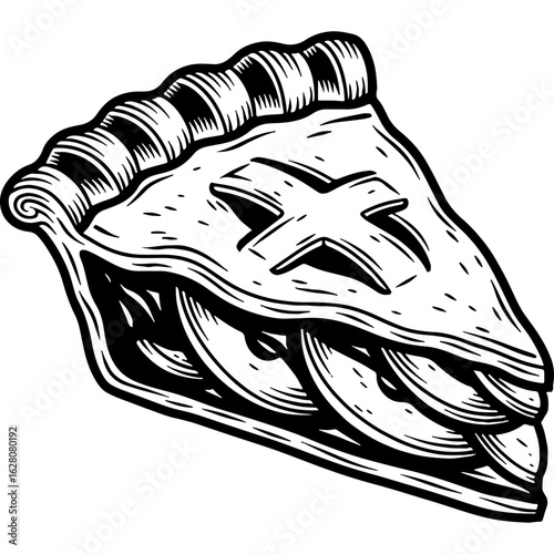 Delicious slice of homemade apple pie illustration, perfect dessert for Thanksgiving and autumn celebrations, hand drawn vintage style.