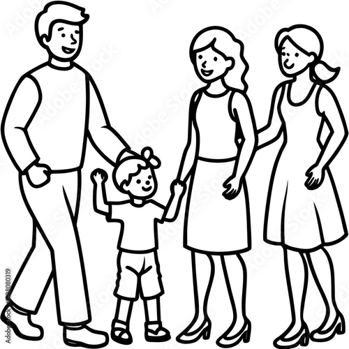 Simple Line Art Family Of Four Walking Together Holding Hands people parents