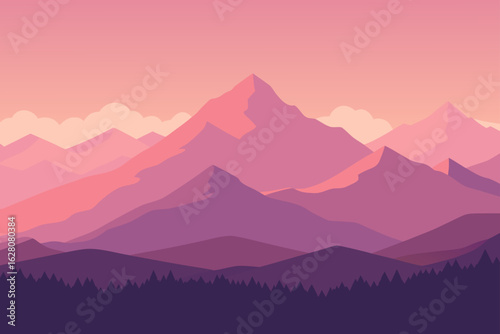 Flat design mountain range with pink and purple hues at sunset