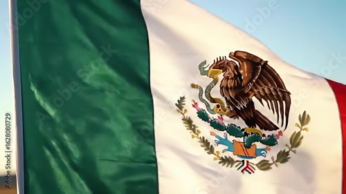 A waving flag split green, white, and red, featuring an eagle and snake emblem centered
