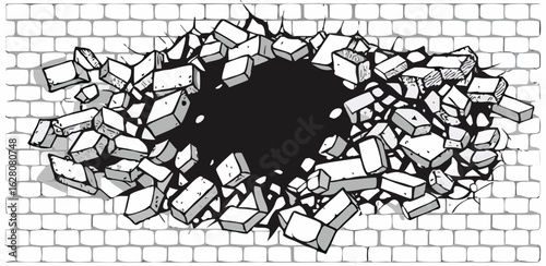 A detailed black and white illustration of a brick wall showing a hole break through the structure