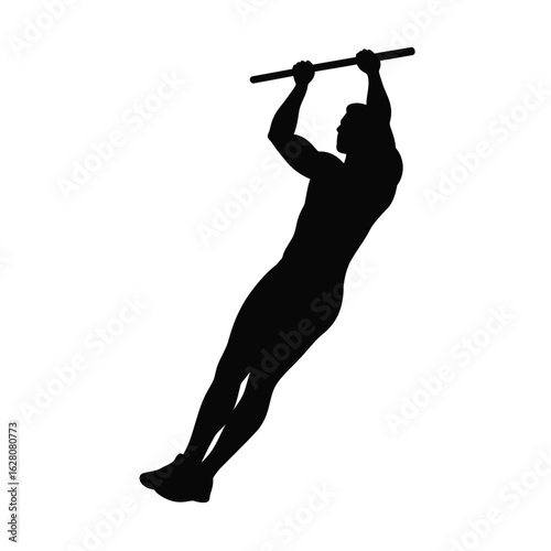 Silhouette of a muscular man doing pullups on a bar, isolated on white background, showcasing strength, fitness, and determination in a dynamic workout routine