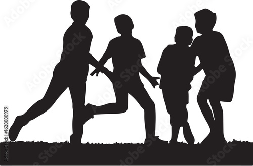 Children playing together outdoors silhouette black and white
