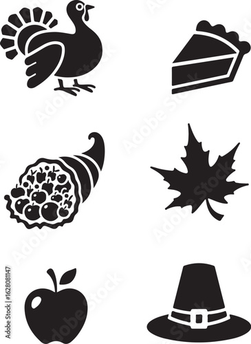 Celebrate Thanksgiving festive icons turkey pie cornucopia apple leaf hat