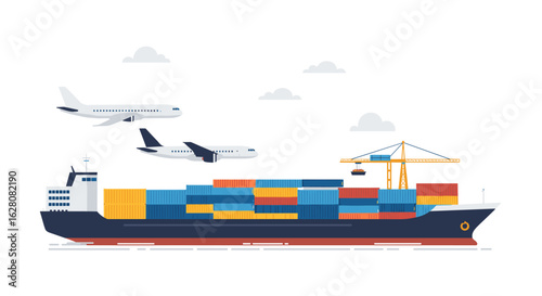 Cargo ship and airplanes transportation concept with cargo containers and crane