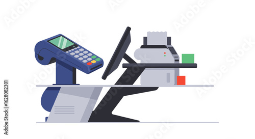 Modern retail setup: self-service counter and payment terminal in flat design