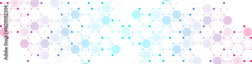 Modern health care or medical background design. Health care innovation concept. Horizontal header web banner. Abstract geometric background with hexagon shapes for medicine, science, chemistry.