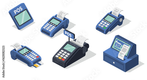 Isometric set of modern payment terminals and pos systems