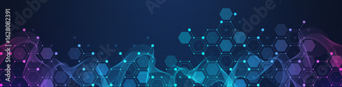 Modern health care or medical background design. Health care innovation concept. Horizontal header web banner. Abstract geometric background with hexagon shapes for medicine, science, chemistry.
