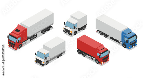 Isometric delivery trucks in various colors and sizes on white background