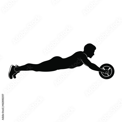 Silhouette of a man doing ab wheel rollout exercise on the floor isolated on white background to strengthen core muscles and improve overall fitness
