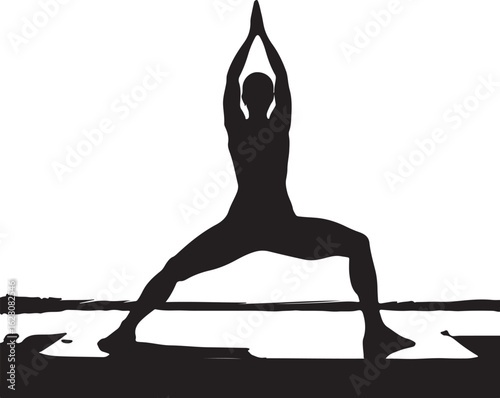 Black silhouette of person in yoga pose warrior