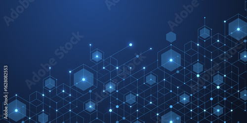 Abstract digital blockchain cube blocks concept. 3D big data cubes quantum computer technology idea. Artificial intelligence data core cubes design element