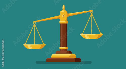 Golden justice scale on teal background in flat design