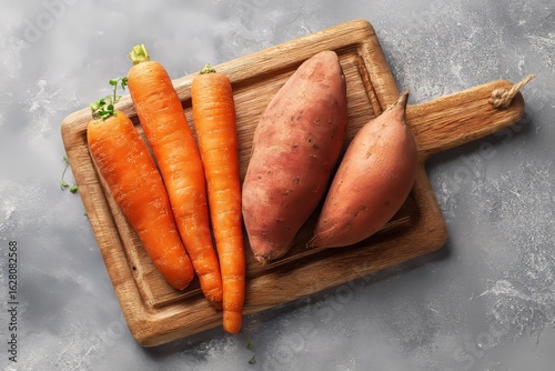 carrots and sweet potatoes on the wooden chopping board