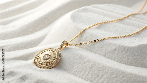 Elegant Golden Necklace with Intricate Round Pendant Resting on Soft White Sand, a Luxurious Aesthetic Presentation.