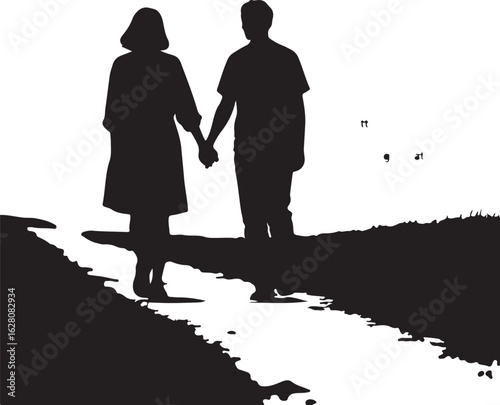 Couple holding hands walking on path silhouette