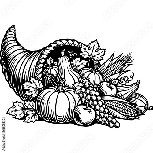 Engraved Cornucopia Vector Illustration with Autumn Harvest: Pumpkins, Grapes, Corn, Apples. Ideal Thanksgiving, Fall Seasonal Design Asset.