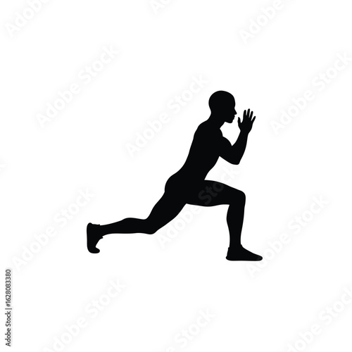 Silhouette of a man doing a lunge exercise, isolated on white background, showcasing fitness, strength, and active lifestyle in a dynamic workout routine