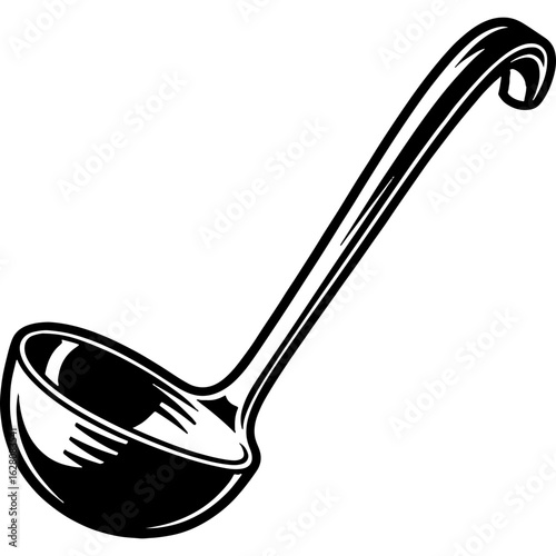 Classic kitchen ladle vector illustration in monochrome style, perfect for cooking, serving, and food preparation designs.