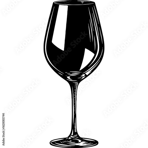Elegant empty wine glass illustration, hand-drawn vintage style. Classic stemware for red or white wine, beverage serving.