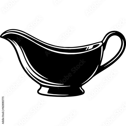 Classic Gravy Boat or Sauce Serving Dish Isolated. Traditional Kitchenware and Tableware. Black and White Vector Illustration.