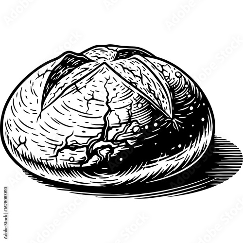 Rustic Engraving of a Round Bread Loaf. Vintage Woodcut Style Illustration of Traditional Baked Bakery Food