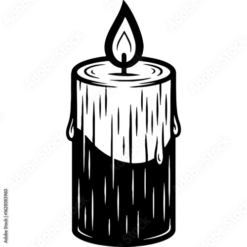Vintage Style Lit Candle Illustration with Dripping Wax and Glowing Flame - Black and White Graphic Element for Design, Symbolism