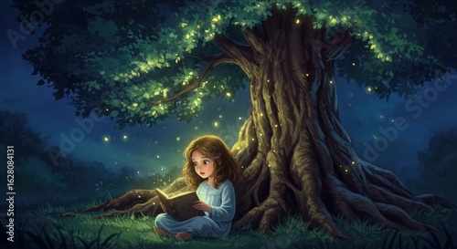 Child reads under glowing magical tree, enchanting digital painting for fantasy themes.