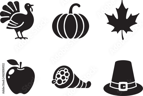 Celebrate Thanksgiving with festive turkey, pumpkin, and harvest icons