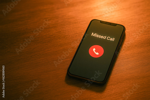 Close-up image of a smartphone on a wooden surface displaying a “Missed Call” notification with a red decline icon—symbolizing distance, emotional disconnection, or moments of sadness and longing 