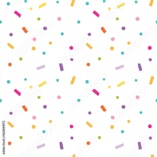 Whimsical seamless pattern of colorful sprinkles and dots on a clean white background for decorations