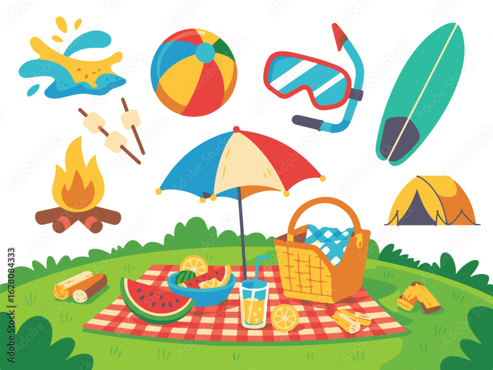 Naklejka premium Summer Picnic and Beach Activity Vector Illustration with Food, Umbrella, and Outdoor Elements