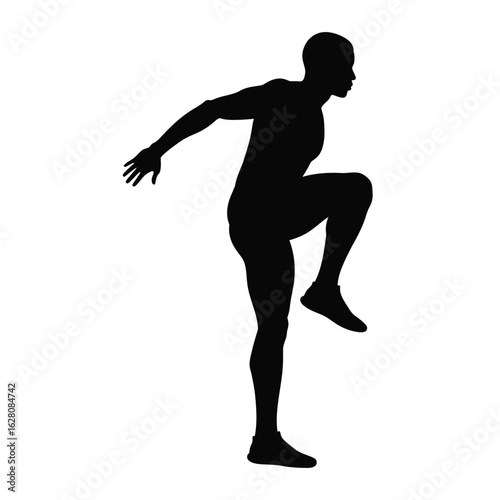 Silhouette of a man doing high knees running exercise isolated on white background, representing fitness, sport, and active lifestyle