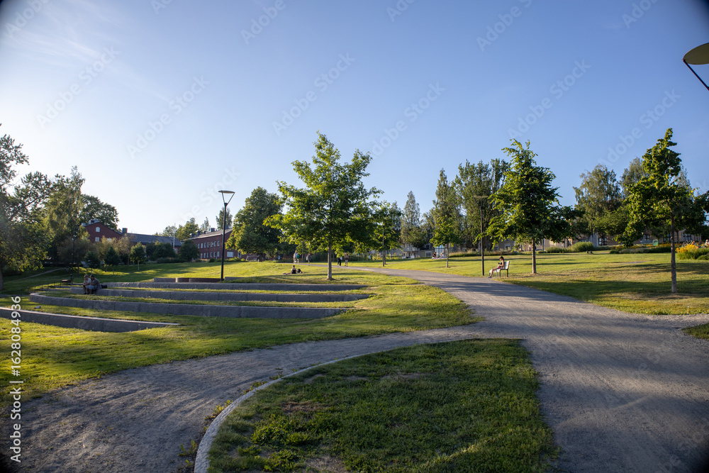 Fototapeta premium Urban nature in Umea Sweden showing the peaceful parklands and walking trails by the Ume river in Vasterbotten County.