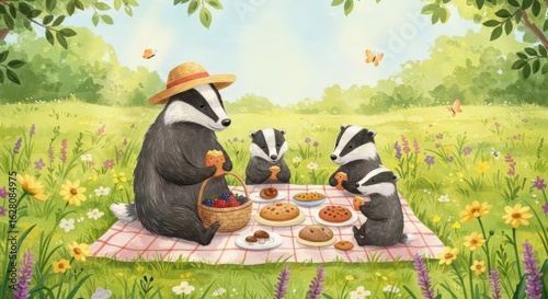 An adorable Badger family enjoys a picnic in a picturesque meadow. Capturing the joy of togetherness and the beauty of a sunny day.