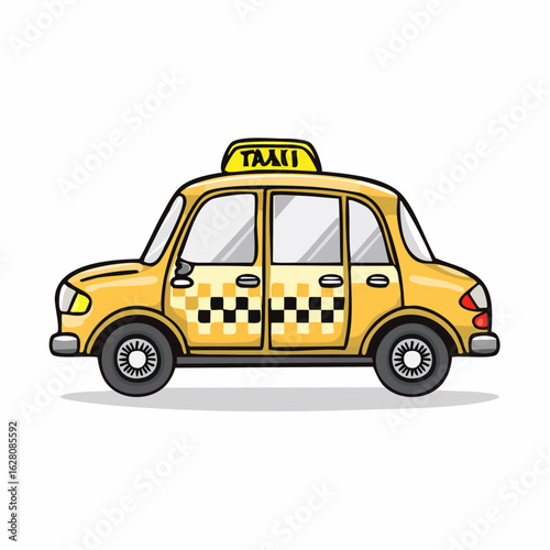 Cheerful yellow taxi cab illustration with checkered pattern, a charming transportation icon