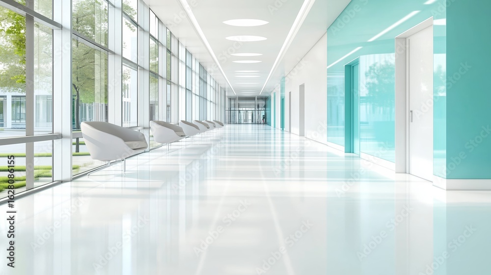 Fototapeta premium Modern hospital interior with bright hallway and contemporary design elements