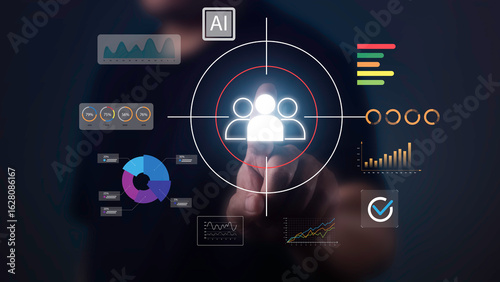 Fotografia A hand selecting a user icon surrounded by data charts and AI elements, representing customer analytics, audience targeting, and data-driven marketing solutions powered by artificial intelligence