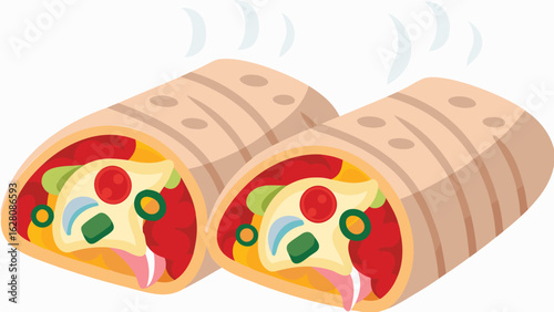 Illustration of two delicious looking burritos with visible steam on a white background image design